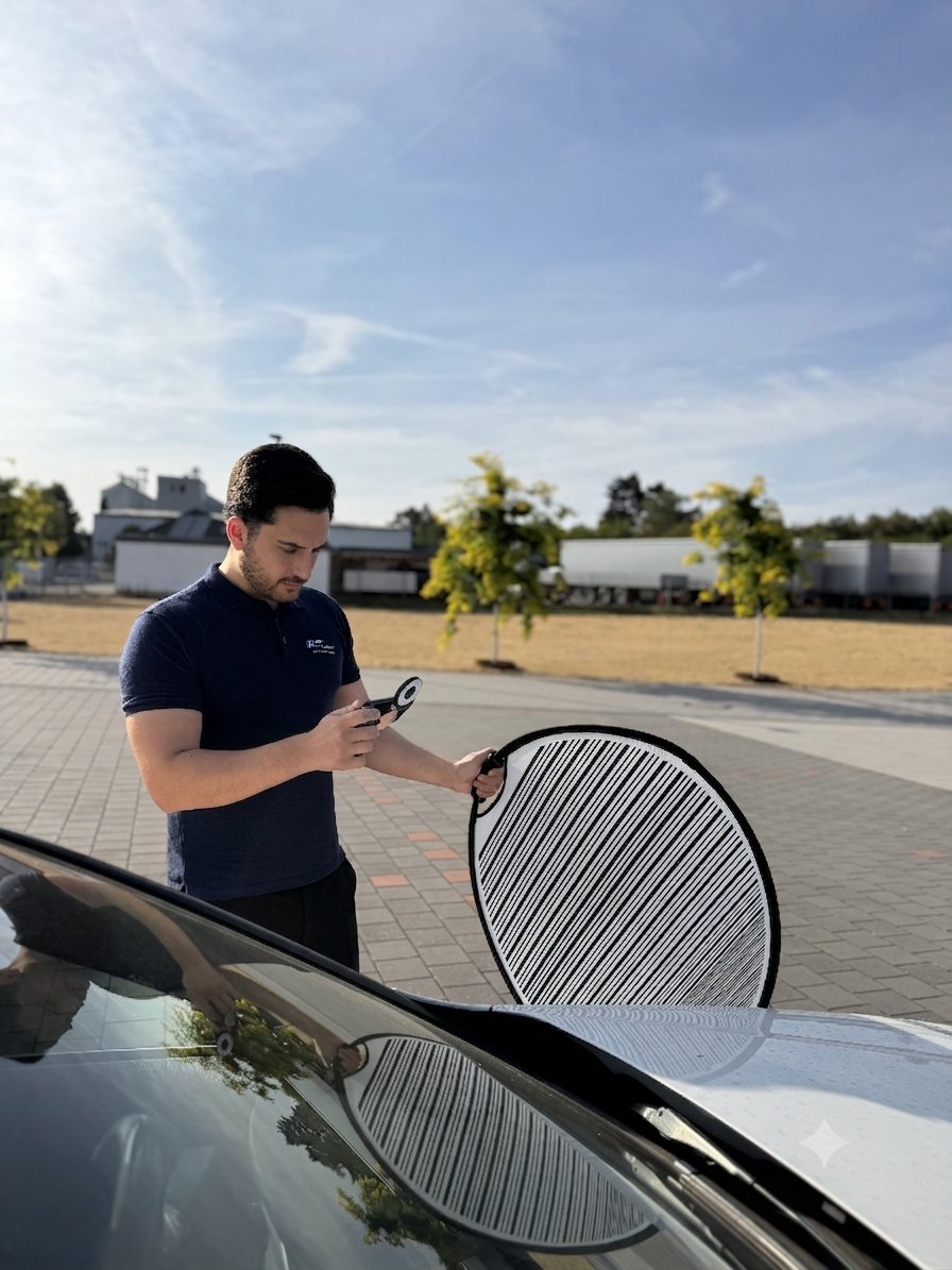 Kfz-Gutachter bei der Begutachtung eines Fahrzeugs vor Ort